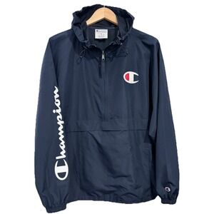 Champion Mens XL Stadium Packable Anorak Pullover Jacket Navy Blue Windbreaker